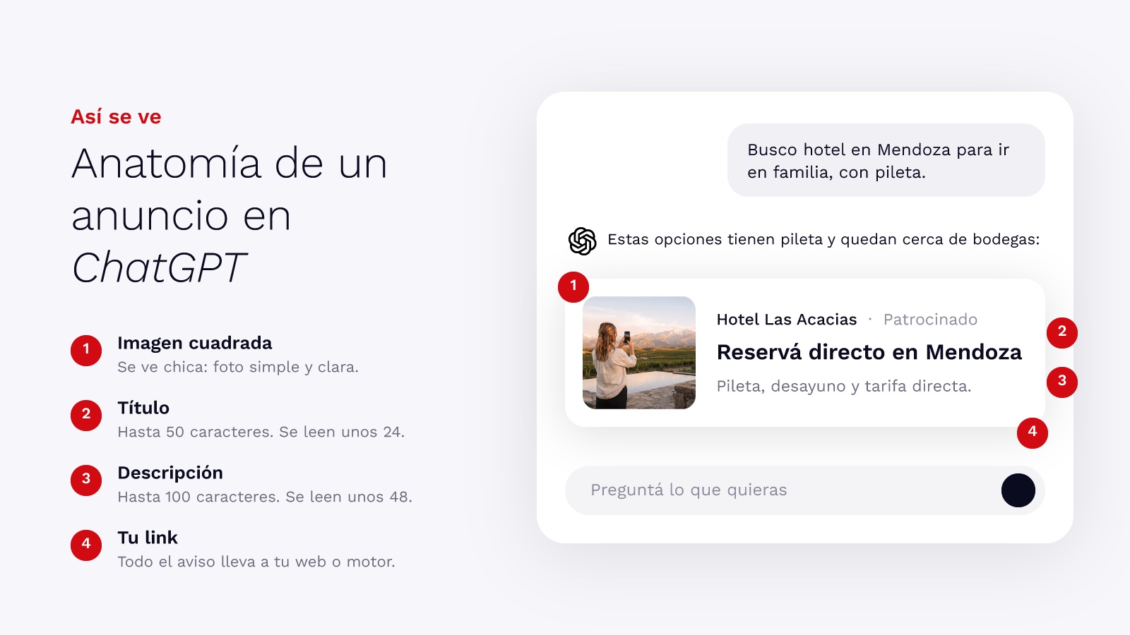 Anatomía de un anuncio en ChatGPT: imagen cuadrada, título, descripción y link, debajo de la respuesta