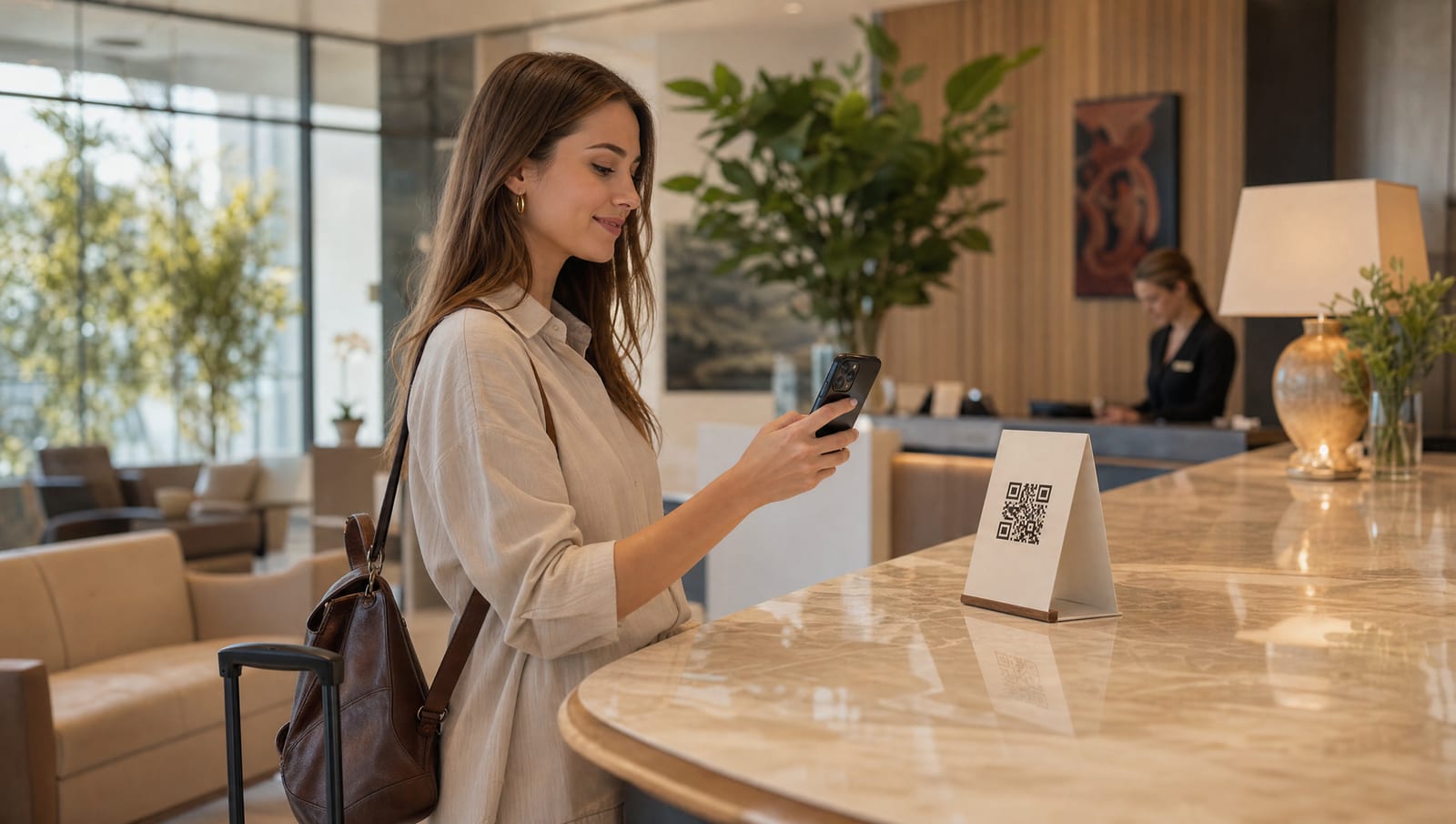 huésped escaneando el código QR del wifi en la recepción de un hotel moderno