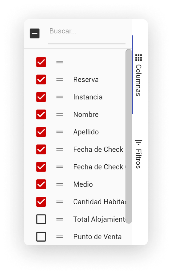 Filtros Lista de Reservas