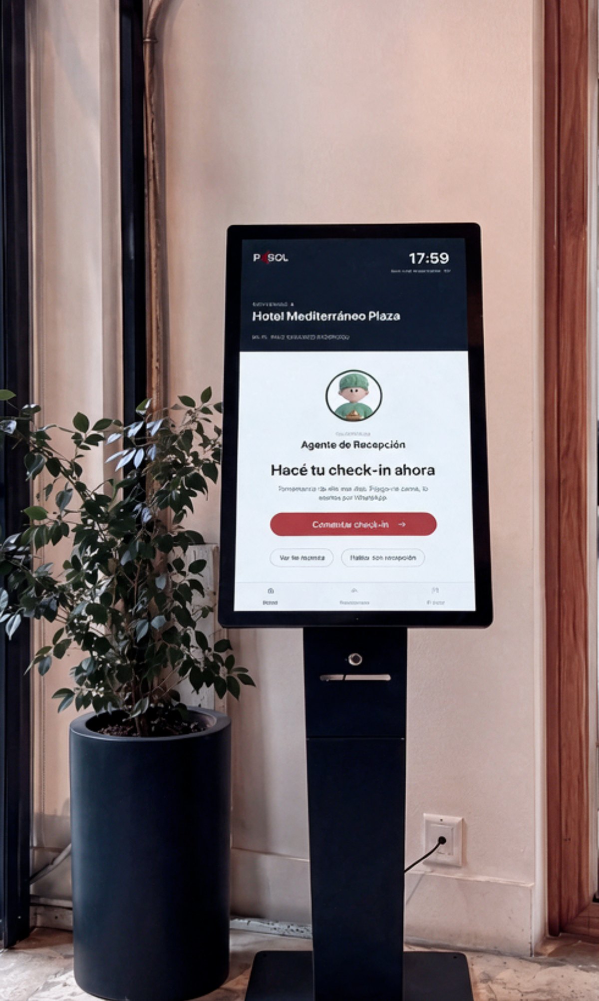 Pantalla del tótem de self check-in en el Hotel Internacional
