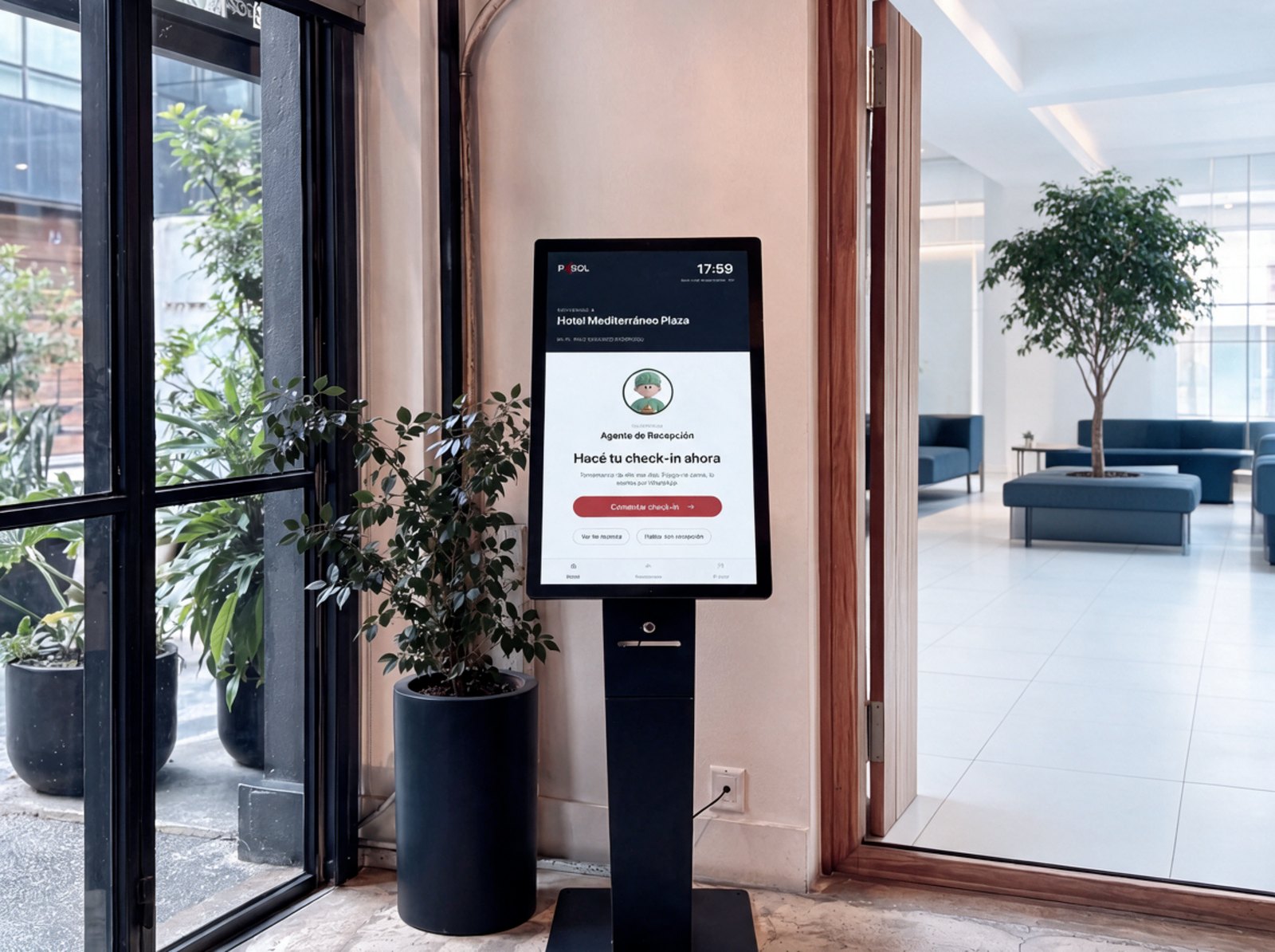 Tótem de autogestión PXSOL en el lobby del Hotel Internacional