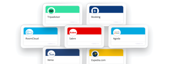 Tarjetas de los canales conectados: Tripadvisor, Booking, RoomCloud, Sabre, Agoda, Xenia y Expedia