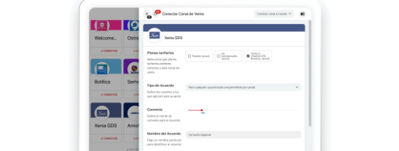 Panel de Pxsol para conectar un canal de venta, con sus planes tarifarios y el tipo de acuerdo