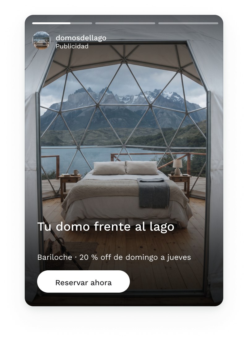 Ejemplo de anuncio en historias de Instagram de un domo frente al lago