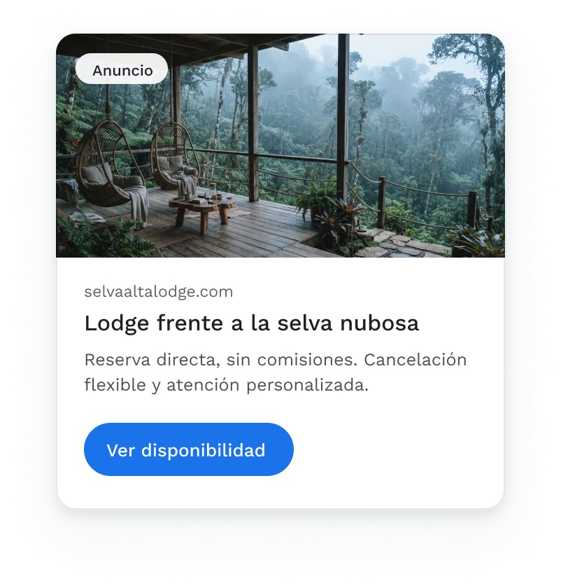 Ejemplo de anuncio de Performance Max de un lodge frente a la selva
