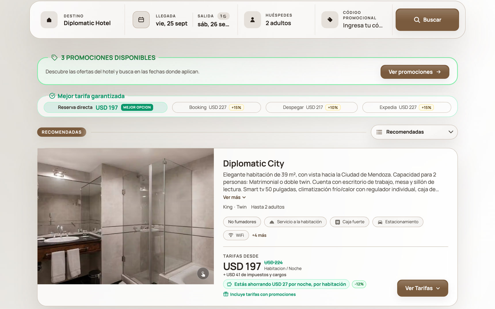 Motor de reservas de Diplomatic Hotel con habitaciones, precios y el comparador frente a las OTA