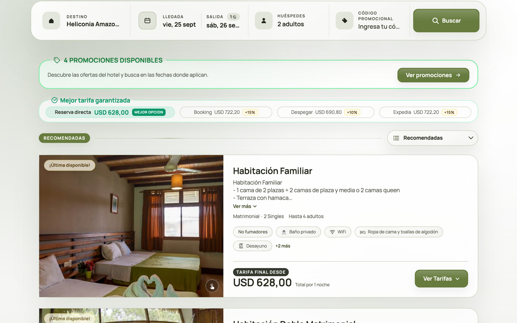 Motor de reservas de Heliconia Amazon River Lodge con habitaciones, tarifas y el comparador frente a las OTA