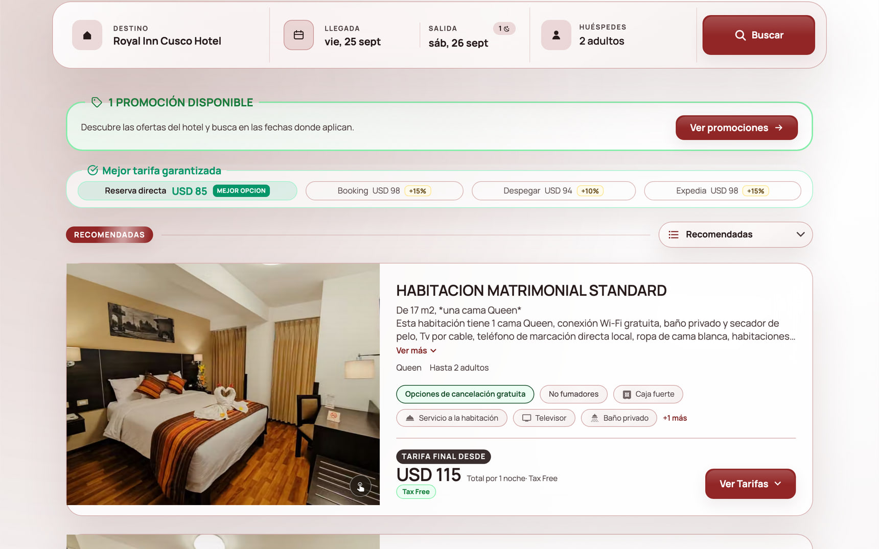 Motor de reservas de Royal Inn Cusco Hotel con habitaciones, tarifas y el comparador frente a las OTA
