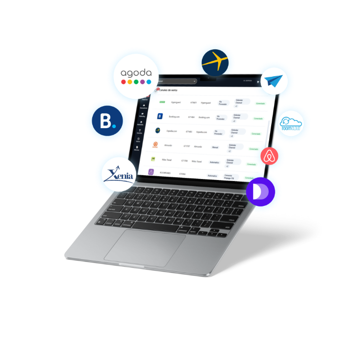 El panel de canales de venta de Pxsol abierto en una notebook, rodeado de los logos de Agoda, Booking.com, Airbnb, Xenia y RoomCloud