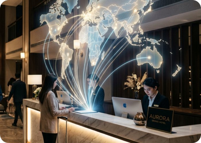Recepción de hotel con un mapa del mundo iluminado y líneas que conectan los continentes