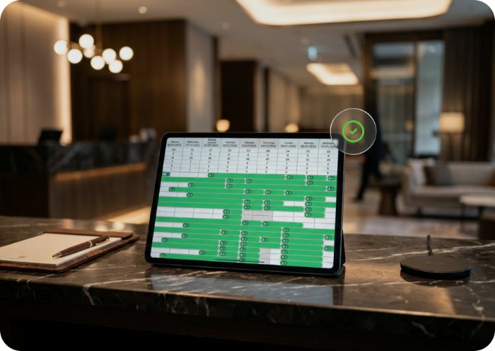 Recepcionista de hotel trabajando frente a la pantalla con las tarifas y la disponibilidad de los canales