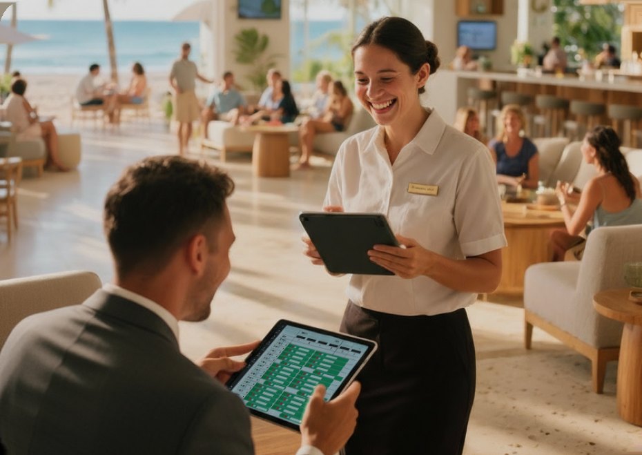 Empleada de hotel mostrando la disponibilidad en una tablet a un huésped
