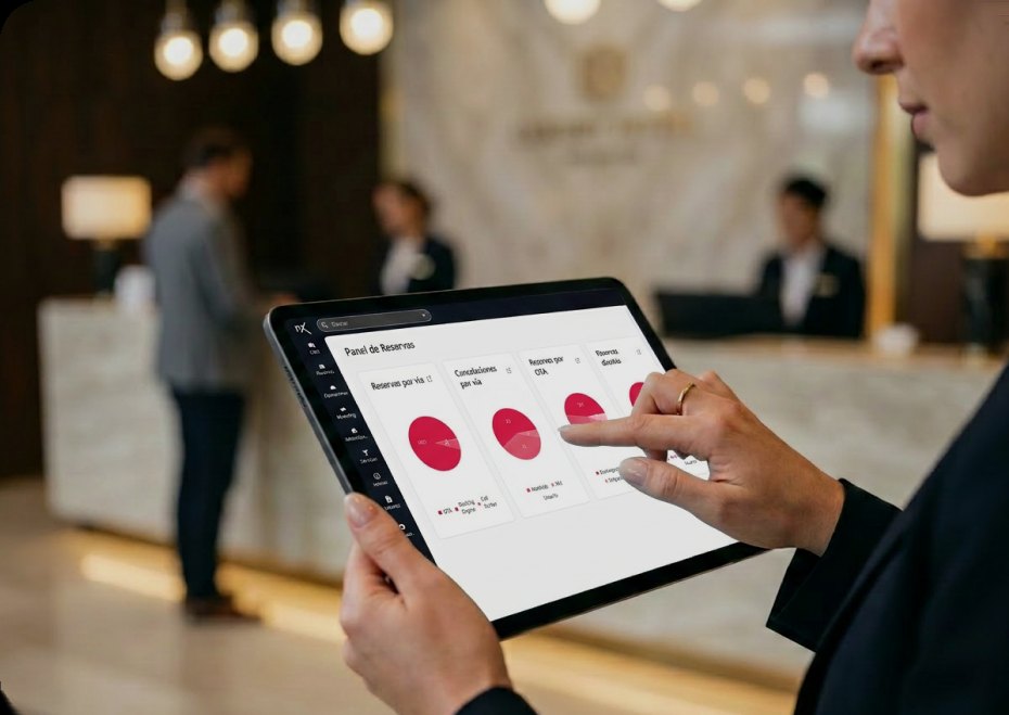 Panel de reservas con métricas abierto en una tablet, en la recepción del hotel